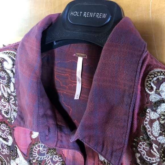 Free People Stevie's Embellished Plaid Shirt Tunic in red/burgundy size M - Picture 11 of 12